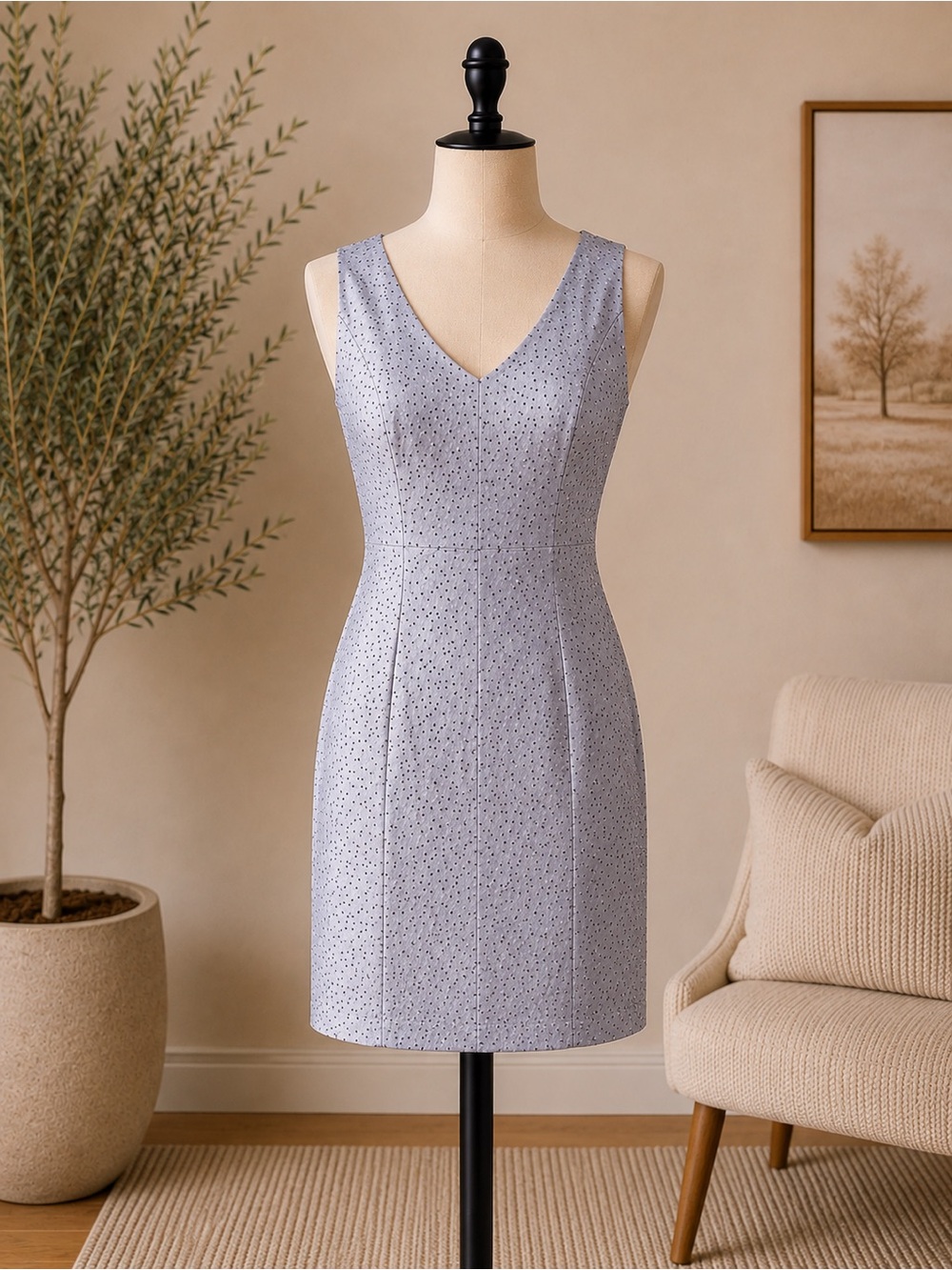 British Khaki Lilac Beaded Sleeveless V-Neck Midi Dress